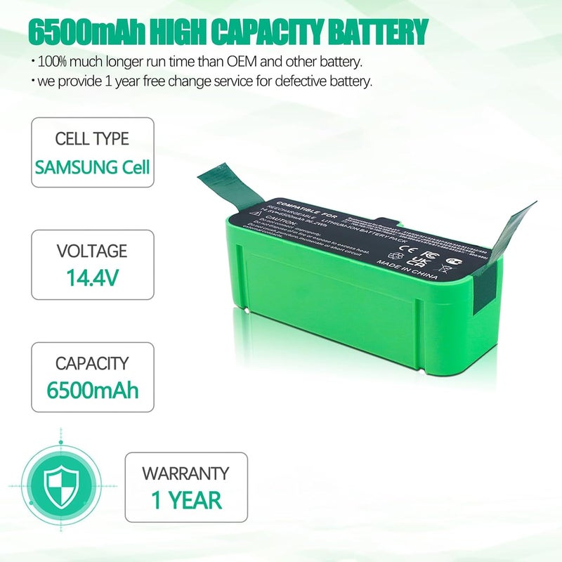 Batryuic Upgraded 6500mAh 14.4V Battery Compatible for iRobot Roomba 500 600 700 800 900 Series Robot Vacuum Battery Roomba 960 980 981 805 860 870 890 700 710 760 790 610 620 650 671 690 500 530 550 580 - Image 2